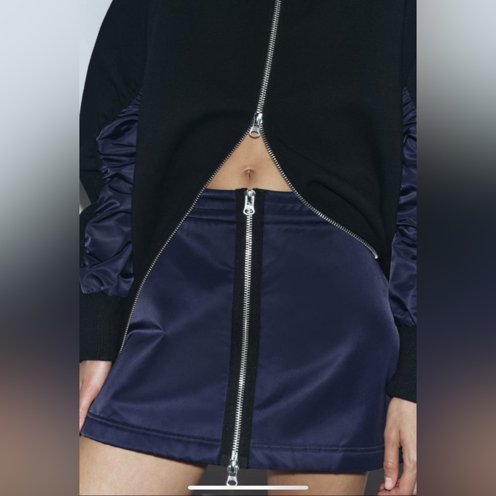 Zara Mixed Nylon Mini Skirt Navy Black Zip Front NWT Small
